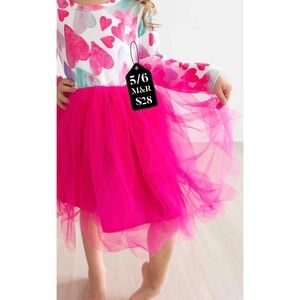 Girls' Heart Print Dress with Pink Tulle Skirt